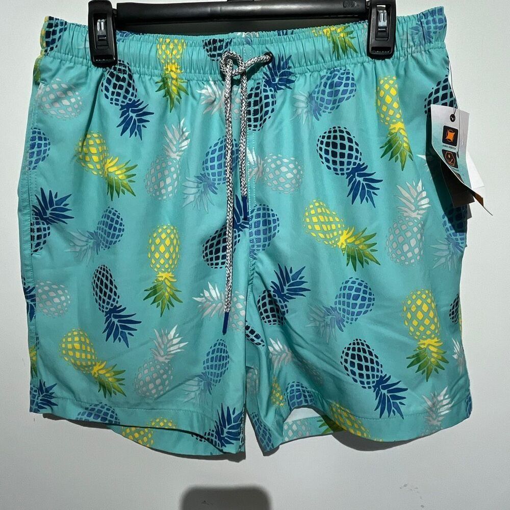 Rainforest Men's Aruba Blue Pineapple Print Swim Trunks Water Shorts Small NWT